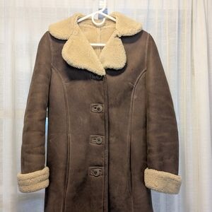 Women's Brown Shearling-Trimmed Leather Coat